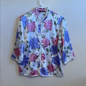 Elegant Floral Women's Blouse - White with Pink and Blue